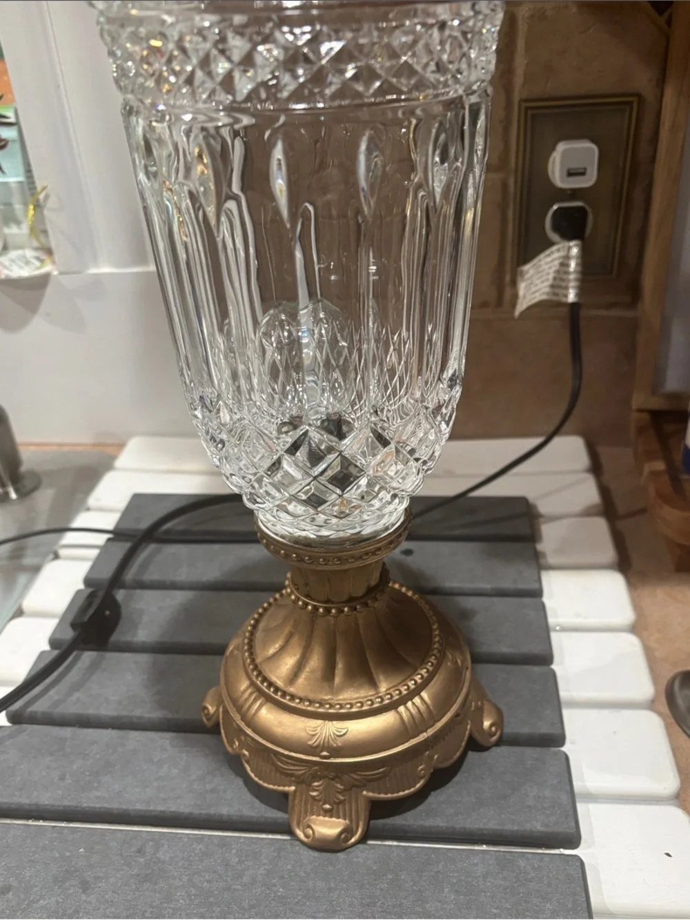 Cut Crystal Hurricane Lamp with Ornate Gold-Tone Base
